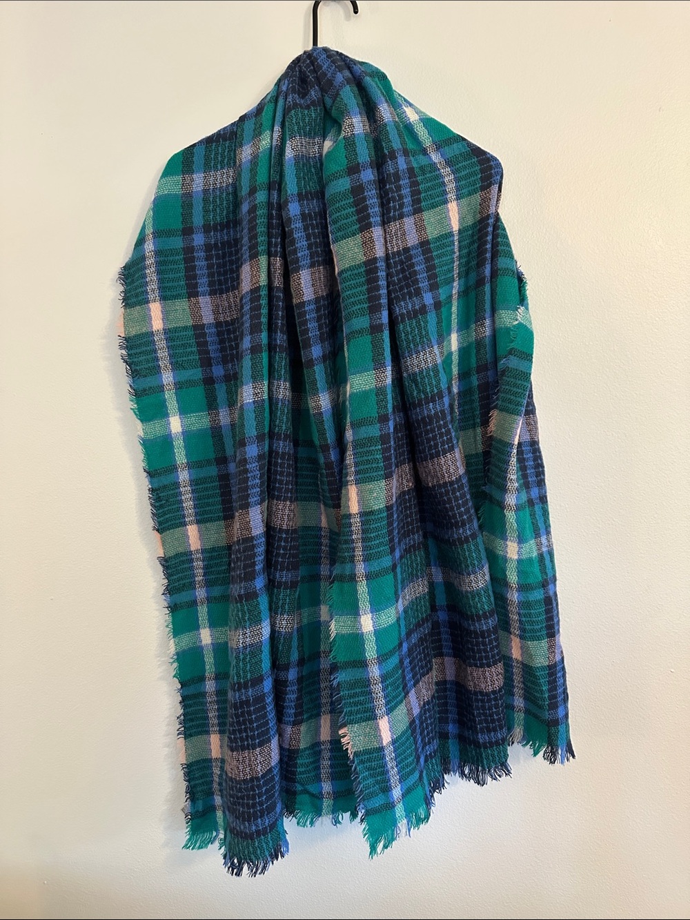 Old Navy Teal, Navy & Cream Plaid Fringe Scarf or Shawl